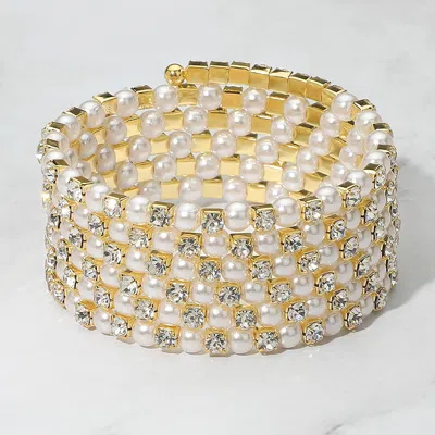 Fashnzfab Wide Pearl Rhinestone Lined Adjustable Coil Evening Bracelet Cream, Gold In Multi
