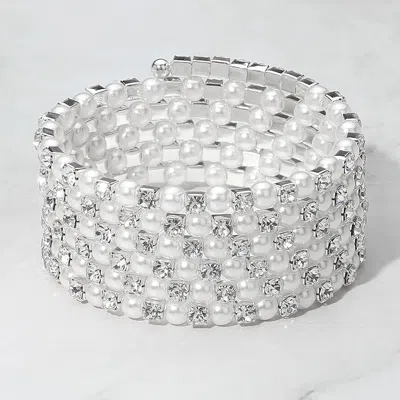 Fashnzfab Wide Pearl Rhinestone Lined Adjustable Coil Evening Bracelet Silver, White In Multi