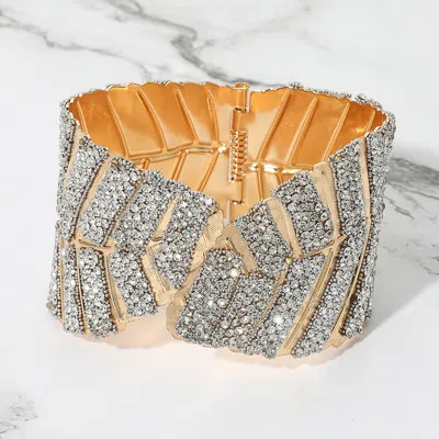 Fashnzfab Wide Rhinestone Embellished Leaf Pattern Hinged Cuff Bracelet Clear, Gold In Multi