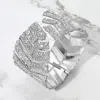 Fashnzfab Wide Rhinestone Embellished Leaf Pattern Hinged Cuff Bracelet Clear, Rhodium In Metallic