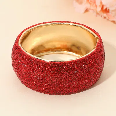 Fashnzfab Wide Rhinestone Paved Hinged Evening Bangle Bracelet - Gold, Siam In Red