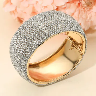 Fashnzfab Wide Rhinestone Paved Hinged Evening Bangle Bracelet In Metallic