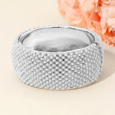 Fashnzfab Wide Rhinestone Pearl Paved Hinged Evening Bangle Bracelet In Gray