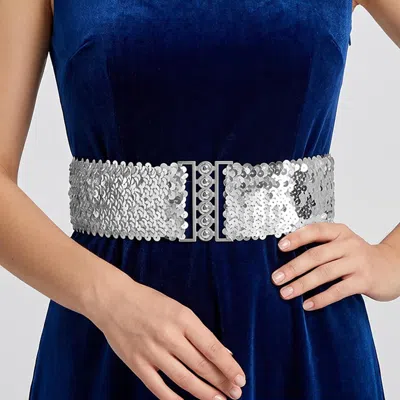Fashnzfab Wide Sequin Embellished Stretch Elastic Waist Belt In Metallic