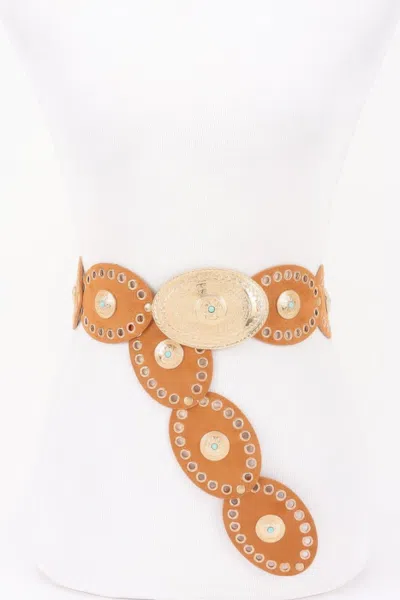 Fashnzfab Wide Statement Belt With Oval Studded Design In Brown