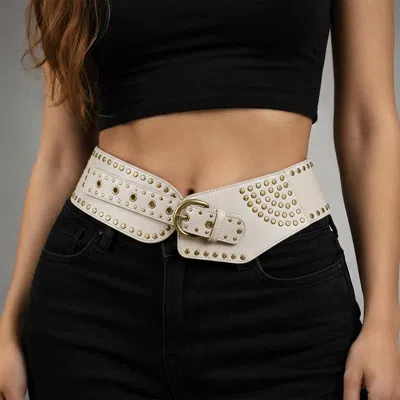Fashnzfab Wide Western Faux Leather Studded Waist Belt In Sand