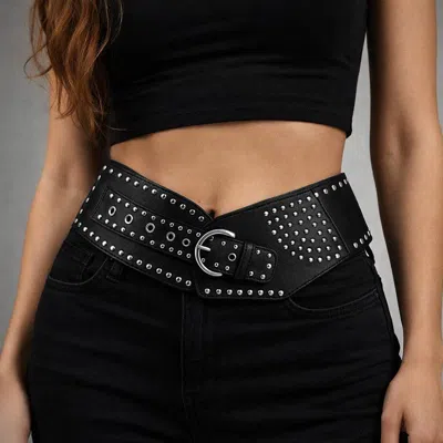 Fashnzfab Wide Western Faux Leather Studded Waist Belt In Silver