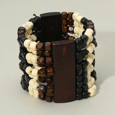 Fashnzfab Wide Wooden Beaded Stretch Statement Bracelet - Multi In Brown
