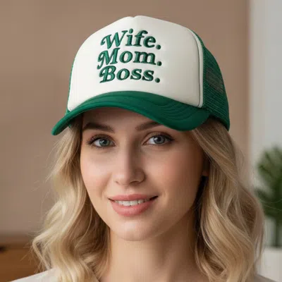 Fashnzfab Wife Mom Boss Message Embroidered Trucker Hat In Green