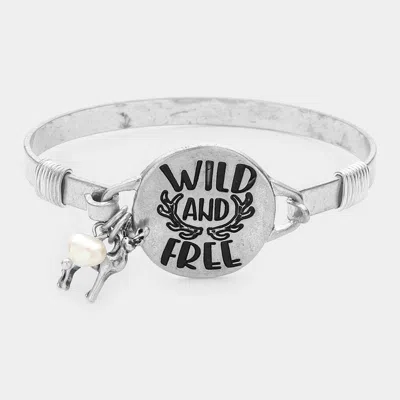 Fashnzfab Wild And Free Message Deer Charm Hook Bracelet Silver Burnished In Multi
