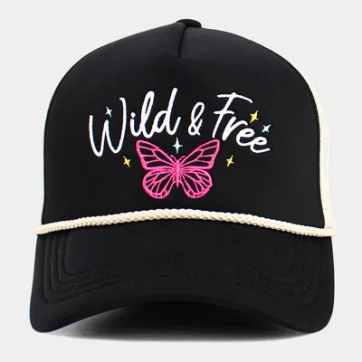 Fashnzfab Wild Free Message Butterfly Embroidered Mesh Back Trucker Hat In Black