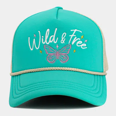Fashnzfab Wild Free Message Butterfly Embroidered Mesh Back Trucker Hat In Green