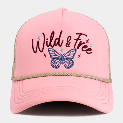 Fashnzfab Wild Free Message Butterfly Embroidered Mesh Back Trucker Hat In Pink