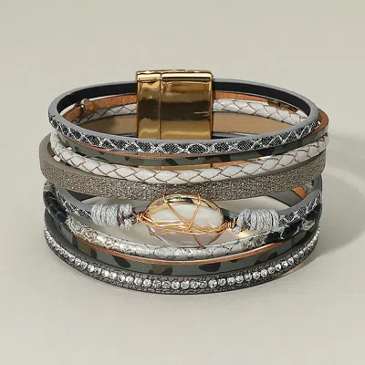 Fashnzfab Wire Wrapped Oval Stone Accent Rhinestone Faux Leather Wrap Multi Strand Magnetic Bracelet