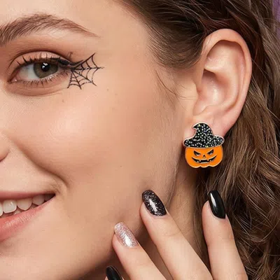 Fashnzfab Witch Hat Halloween Pumpkin Stud Earrings In Silver