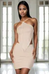 Fashnzfab Women's Backless V-hem Halter Top & Mini Skirt Set In Beige