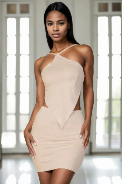 Fashnzfab Women's Backless V-hem Halter Top & Mini Skirt Set In Beige