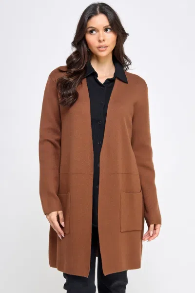 Fashnzfab Women's Basic Soft Long Line Open Front Sweater Cardigan In Brown