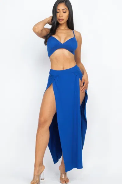 Fashnzfab Women's Bra Top & Side Slit Maxi Skirt In Blue