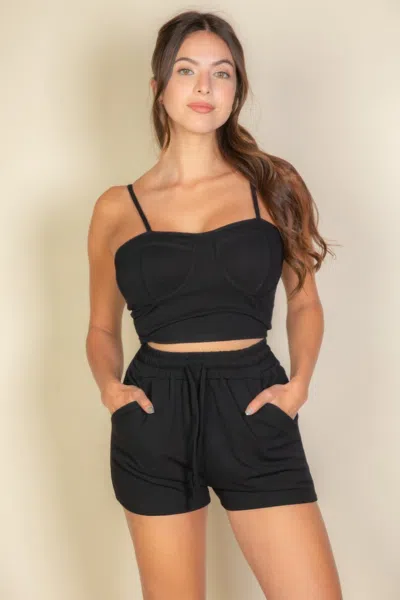 Fashnzfab Women's Bustier Cami Top & Slant Pocket Wide Shorts In Black