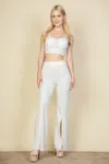 Fashnzfab Women's Bustier Crop Top & Front Slit Wide Leg Pants In White