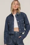 Shop Fashnzfab Women's Button Down Stripe Denim Short Jacket In Blue