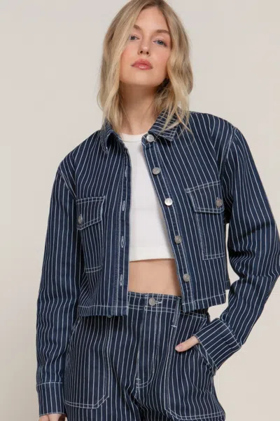 Fashnzfab Women's Button Down Stripe Denim Short Jacket In Blue