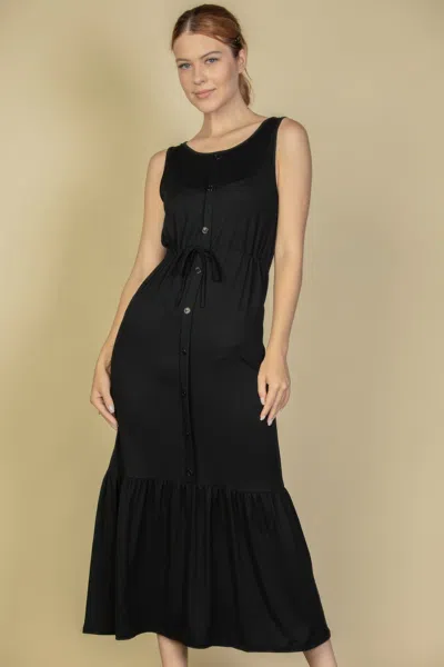 Fashnzfab Women's Button Front Tie Waist Sleeveless Maxi Dress In Black