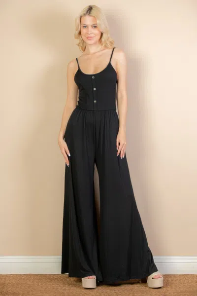 Fashnzfab Women's Button Front Wide Leg Jumpsuit In Black