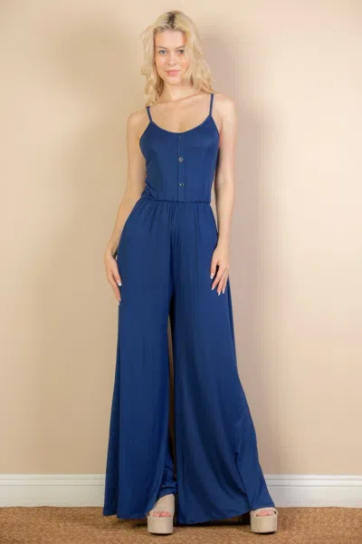 Fashnzfab Women's Button Front Wide Leg Jumpsuit In Blue