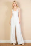 Fashnzfab Women's Button Front Wide Leg Jumpsuit In White