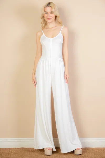 Fashnzfab Women's Button Front Wide Leg Jumpsuit In White