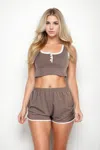 Fashnzfab Women's Casual French Terry Sleeveless Button Front Contrast Trim Cropped Tank Top And Shorts Set In Beige