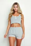 Fashnzfab Women's Casual French Terry Sleeveless Button Front Contrast Trim Cropped Tank Top And Shorts Set In Grey