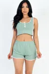 Fashnzfab Women's Casual French Terry Sleeveless Button Front Contrast Trim Cropped Tank Top And Shorts Set In Multi