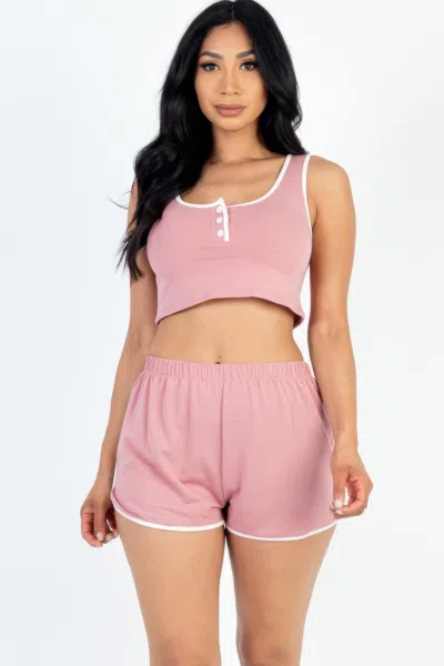 Fashnzfab Women's Casual French Terry Sleeveless Button Front Contrast Trim Cropped Tank Top And Shorts Set In Pink