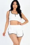Fashnzfab Women's Casual French Terry Sleeveless Button Front Contrast Trim Cropped Tank Top And Shorts Set In White