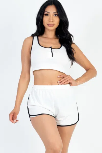 Fashnzfab Women's Casual French Terry Sleeveless Button Front Contrast Trim Cropped Tank Top And Shorts Set In White