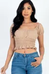 Fashnzfab Women's Casual Ruched Puff Sleeve Ribbed Knit Solid Top In Beige