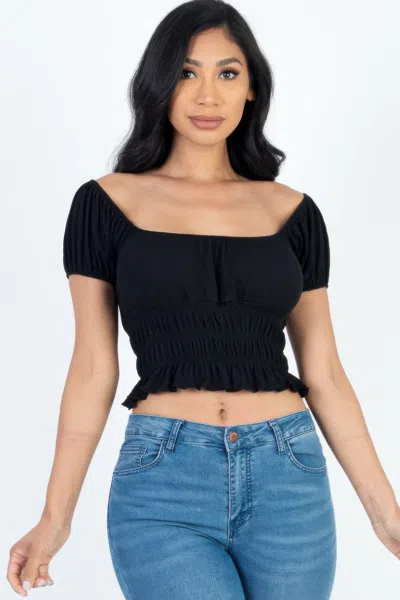 Fashnzfab Women's Casual Ruched Puff Sleeve Ribbed Knit Solid Top In Black