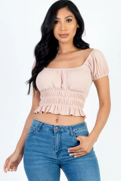Fashnzfab Women's Casual Ruched Puff Sleeve Ribbed Knit Solid Top In Gold
