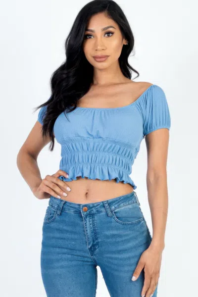 Fashnzfab Women's Casual Ruched Puff Sleeve Ribbed Knit Solid Top In Grey