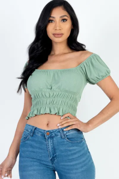 Fashnzfab Women's Casual Ruched Puff Sleeve Ribbed Knit Solid Top In Multi
