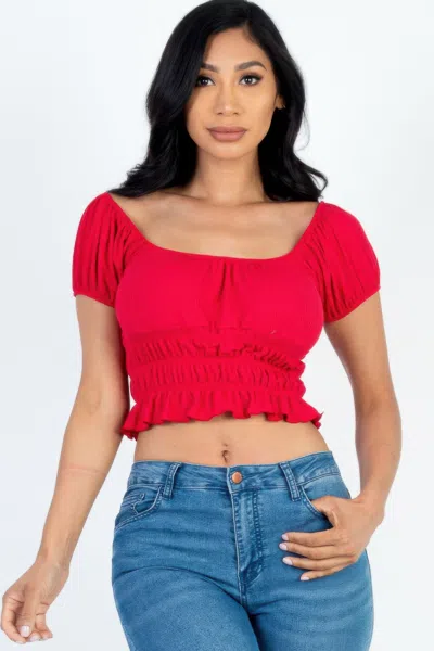 Fashnzfab Women's Casual Ruched Puff Sleeve Ribbed Knit Solid Top In Red