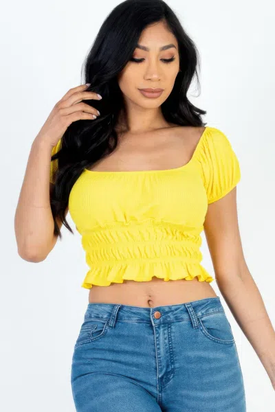 Fashnzfab Women's Casual Ruched Puff Sleeve Ribbed Knit Solid Top In Yellow