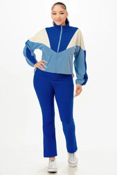 Fashnzfab Women's Color Blocked Jacket W/flare Pants Set In Blue