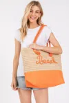 Fashnzfab Women's Color Sewn Rope Beach Letter And Strap Crochet Fabric Tote In Orange