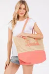 Fashnzfab Women's Color Sewn Rope Beach Letter And Strap Crochet Fabric Tote In Pink