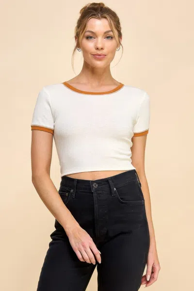 Fashnzfab Women's Contrast Reverse Stitch Ringer Top In White