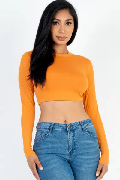 Fashnzfab Women's Crew Neck Long Sleeve Cropped Top In Gold